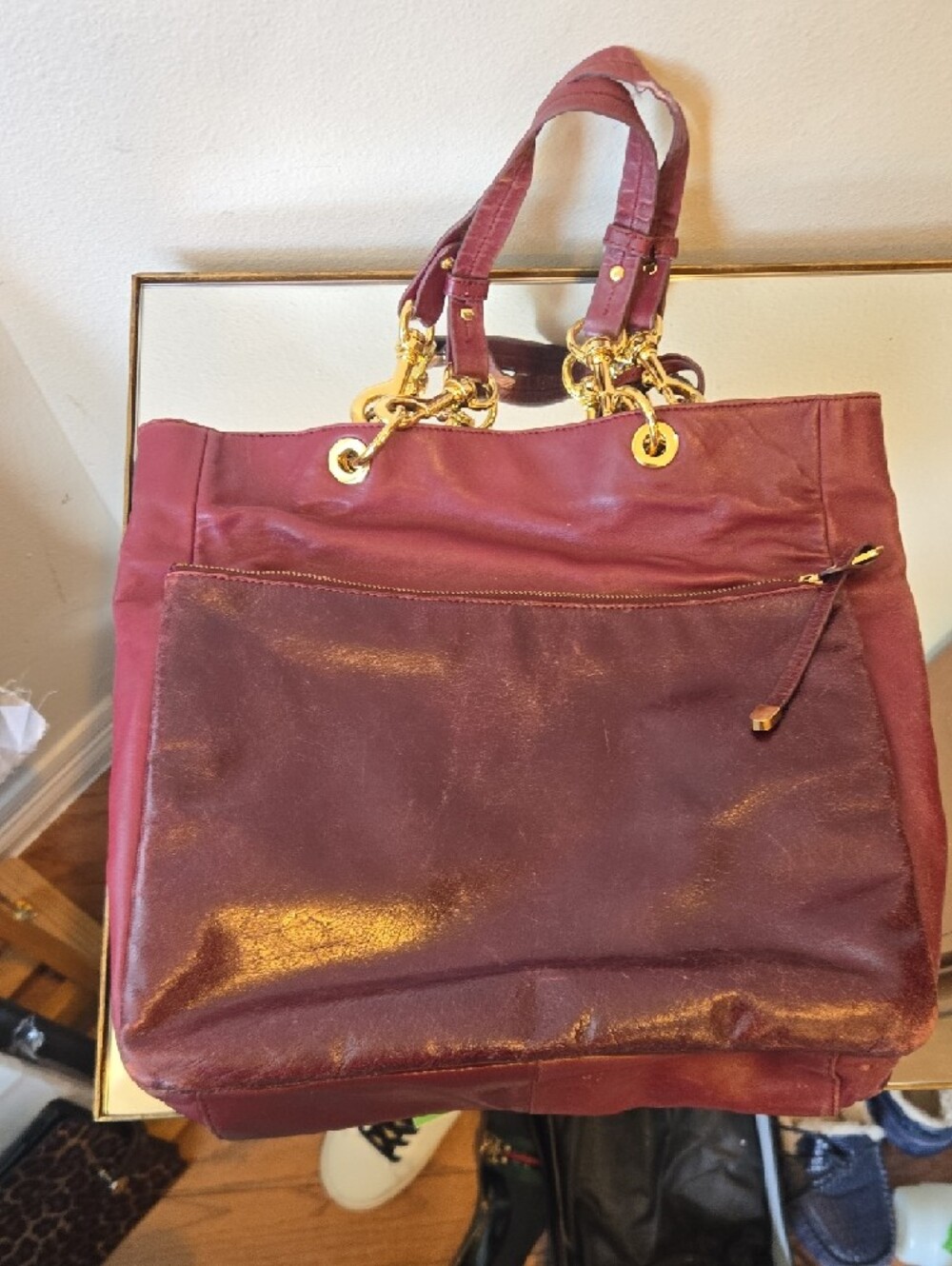 Badgley Mischka Burgundy and Beige Leather Tote with Gold Hardware